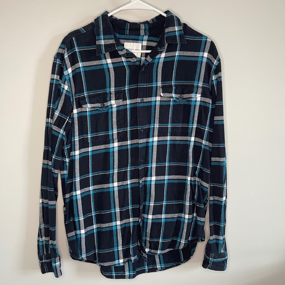 American Eagle Flannel Shirt Plaid Long Sleeve Black Blue Classic Fit Mens Large